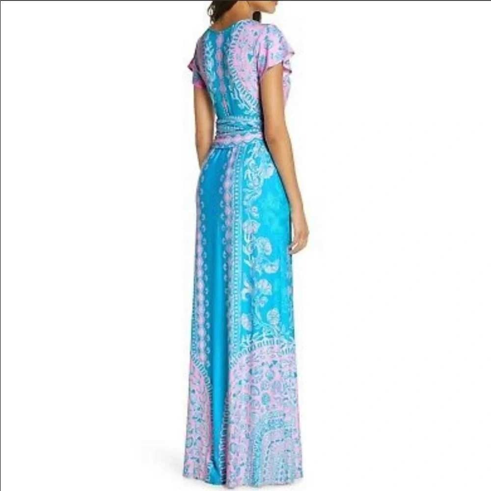 Lilly Pulitzer Esmarella Maxi Dress Large Pink Blue Shell Print Faux Wrap Boho - Picture 8 of 16